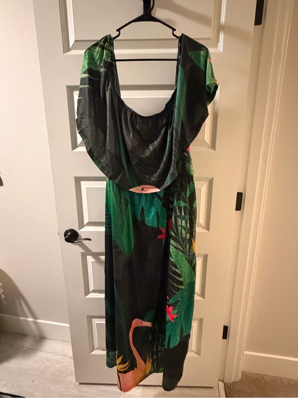 Tropical Green Maxi Dress with Flamingo Print